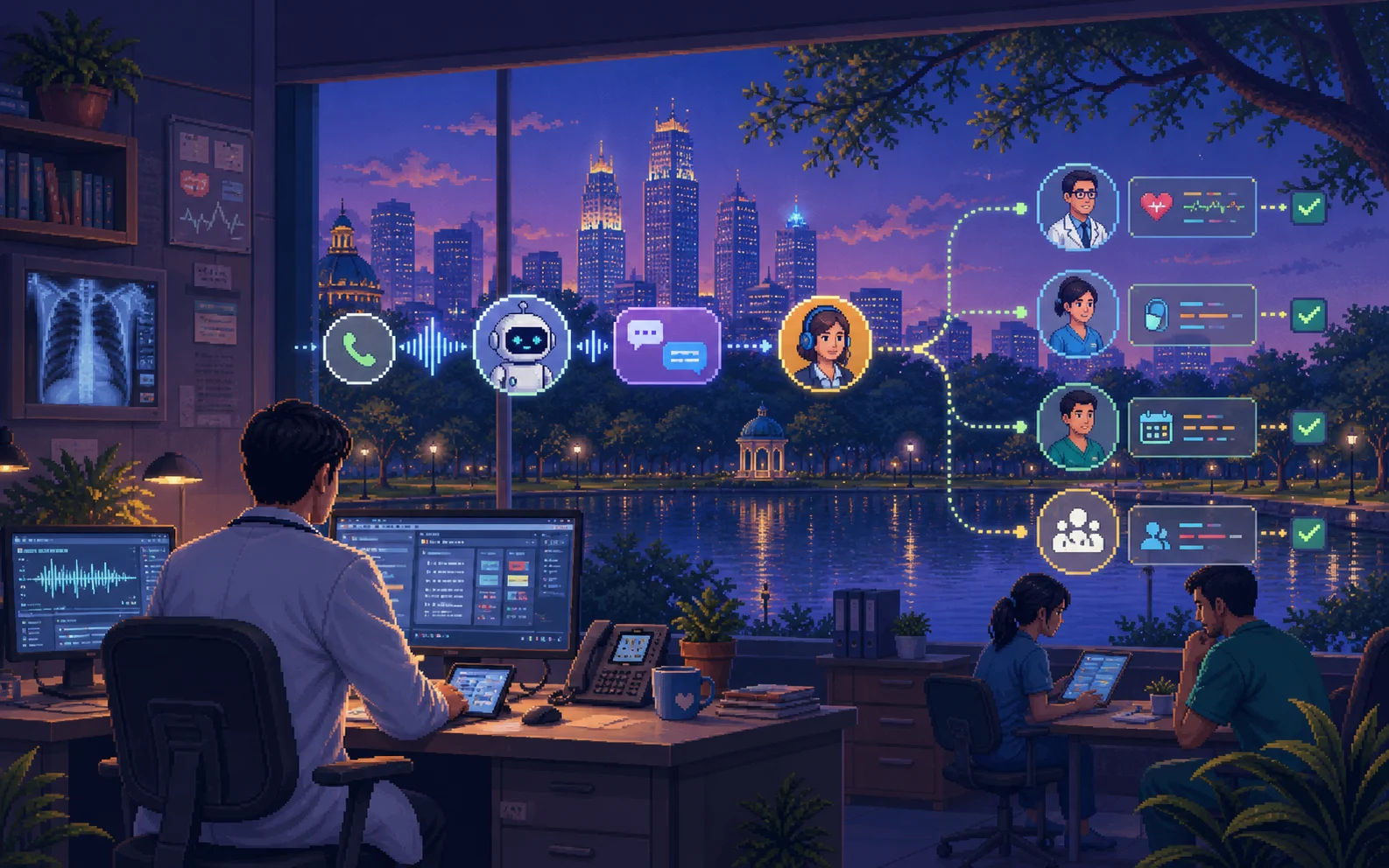 Pixel-art healthcare operations workspace with voice and chat agent workflows
